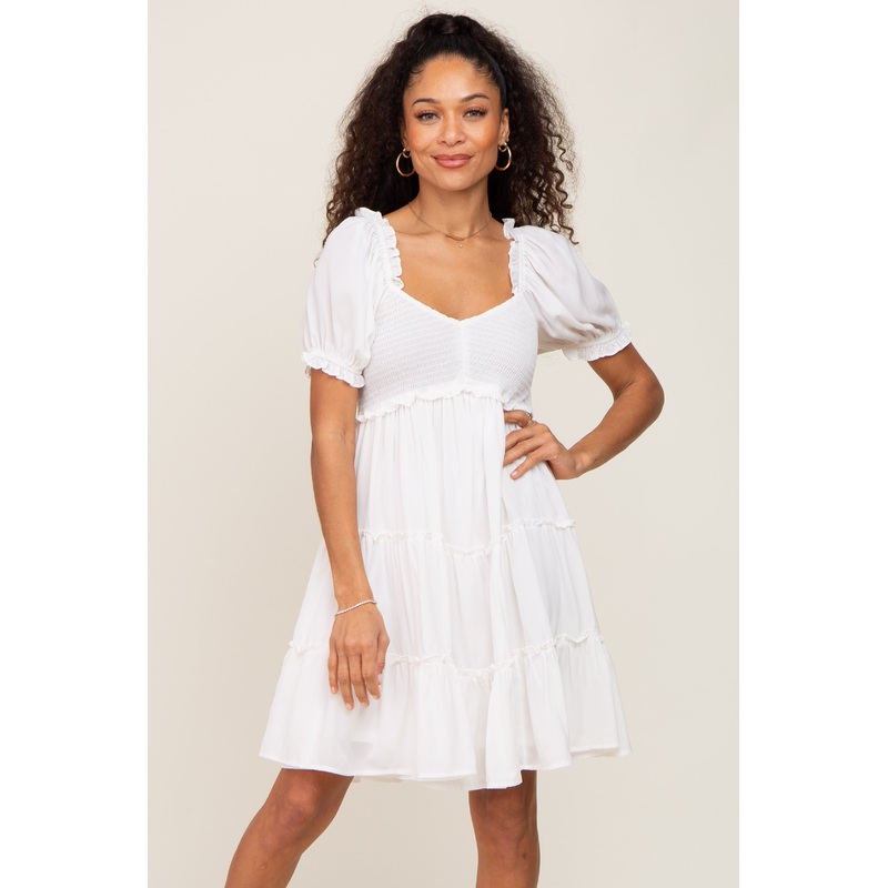 White Smocked Tiered Puff Sleeve Dress
