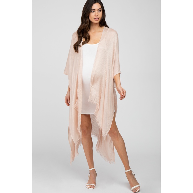 Beige Lightweight Fringe Hem Hi-Low Maternity Kimono