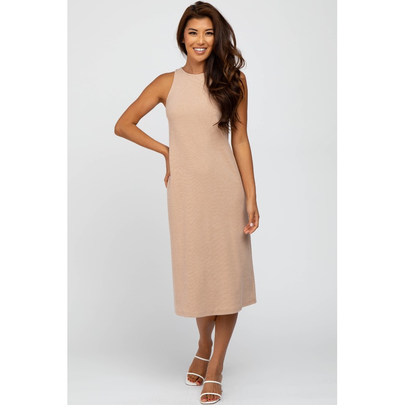 Beige Ribbed Open Back Midi Dress