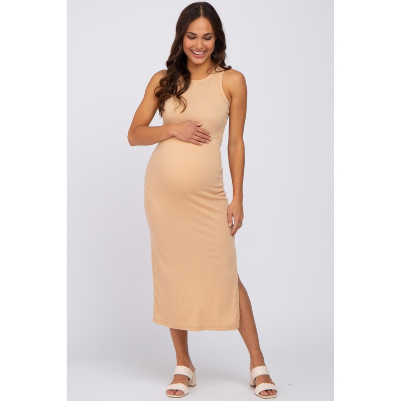 Beige Ribbed Racerback Side Slit Maternity Midi Dress