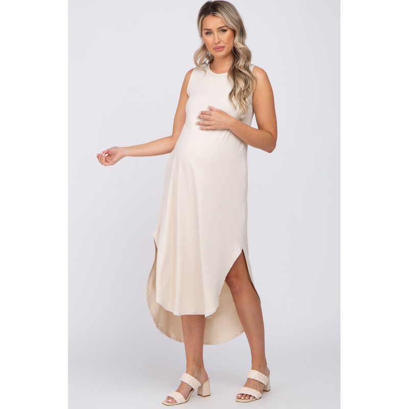 Beige Sleeveless Round Hem Maternity Maxi Dress