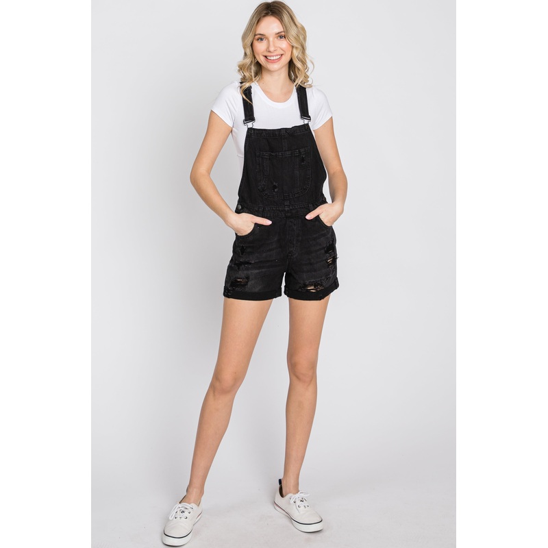 Black Distressed Denim Short Overalls