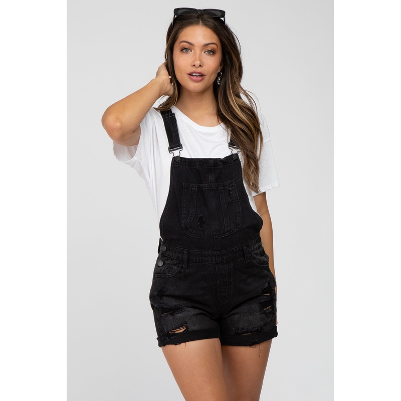 Black Distressed Maternity Denim Short Overalls