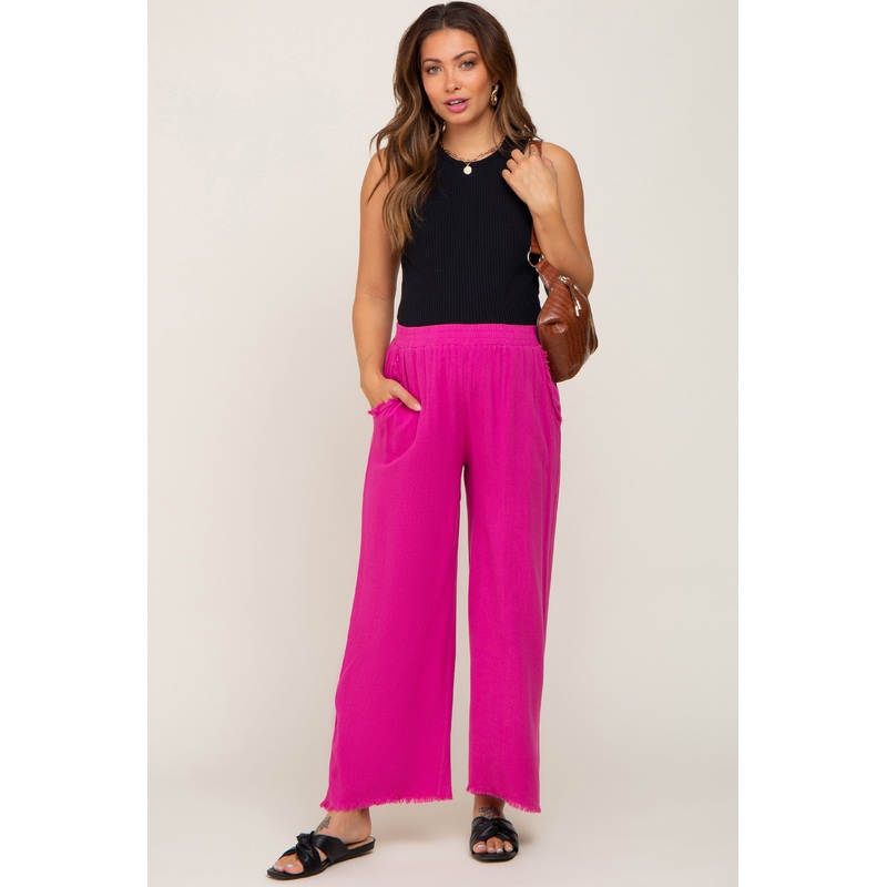 Fuchsia Fringe Hem Linen Maternity Pants