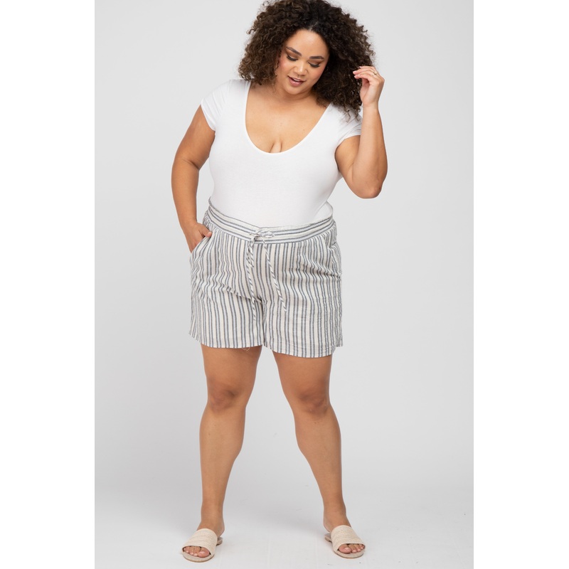 Navy Blue Striped Linen Drawstring Maternity Plus Shorts