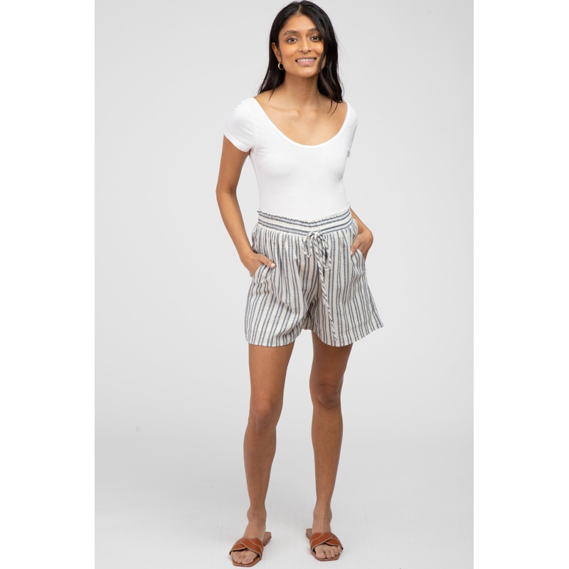 Navy Blue Striped Linen Drawstring Maternity Shorts
