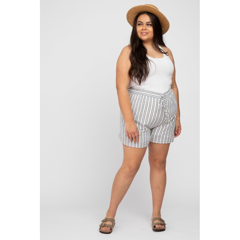 Navy Blue Striped Linen Drawstring Plus Shorts