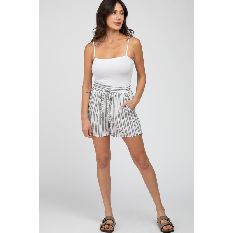 Navy Blue Striped Linen Drawstring Shorts