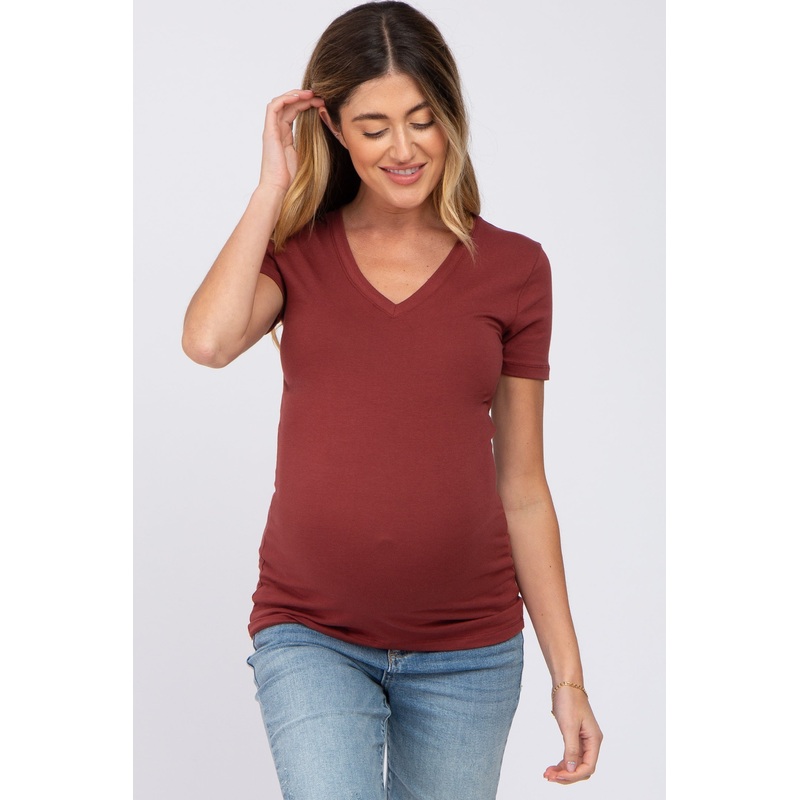 Rust V-Neck Short Sleeve Maternity Top