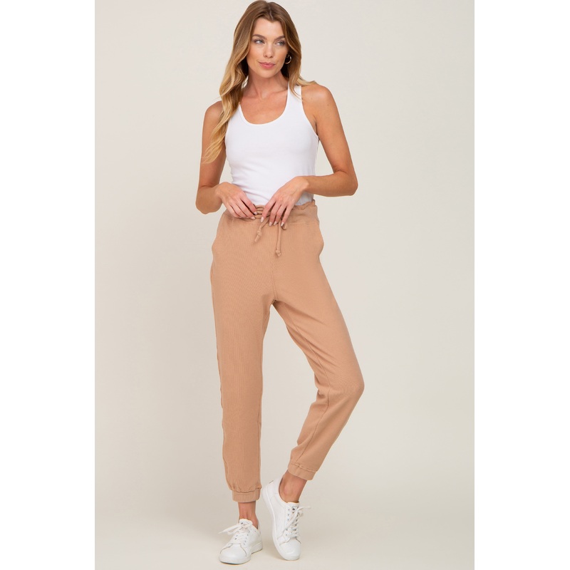 Taupe Ribbed Drawstring Joggers