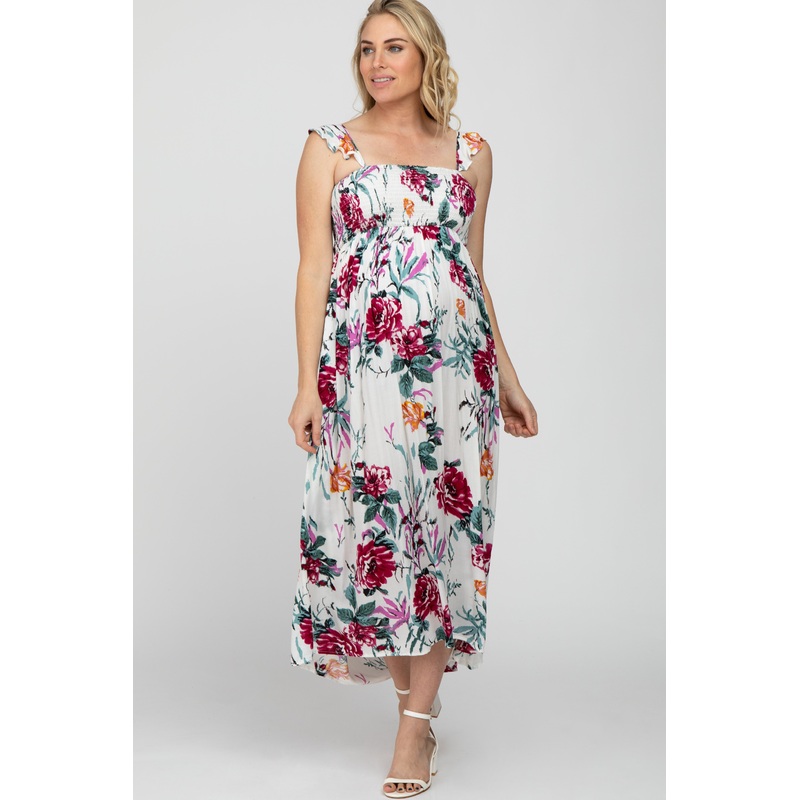 White Floral Smocked Ruffle Strap Maternity Midi Dress