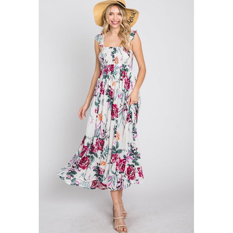 White Floral Smocked Ruffle Strap Midi Dress