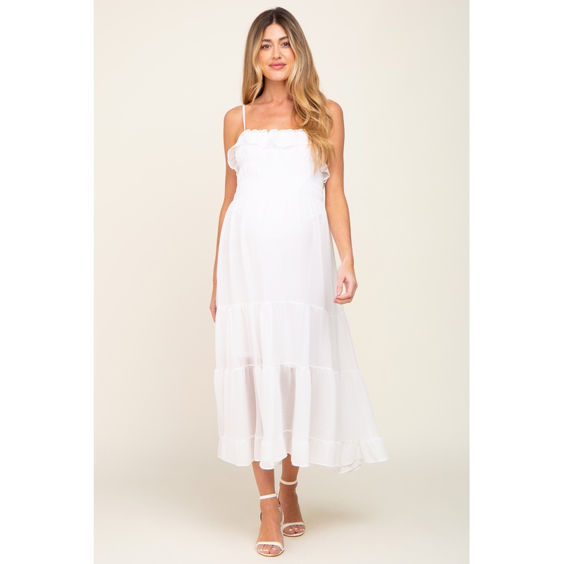 White Shirred Ruffle Maternity Midi Dress