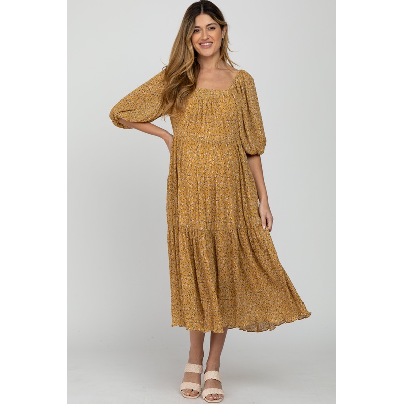 Yellow Floral Chiffon Square Neck Maternity Midi Dress
