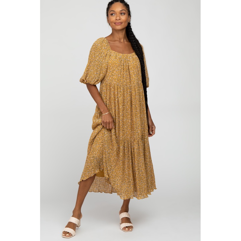 Yellow Floral Chiffon Square Neck Midi Dress