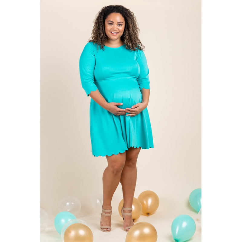 Aqua Solid Scalloped Hemline Maternity Plus Dress