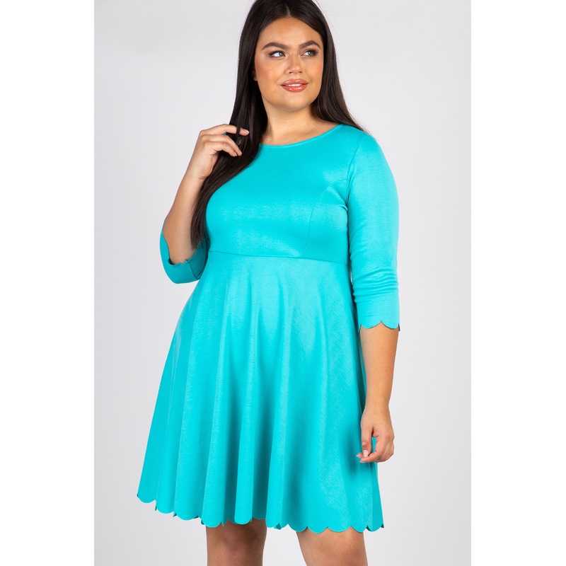Aqua Solid Scalloped Hemline Plus Dress