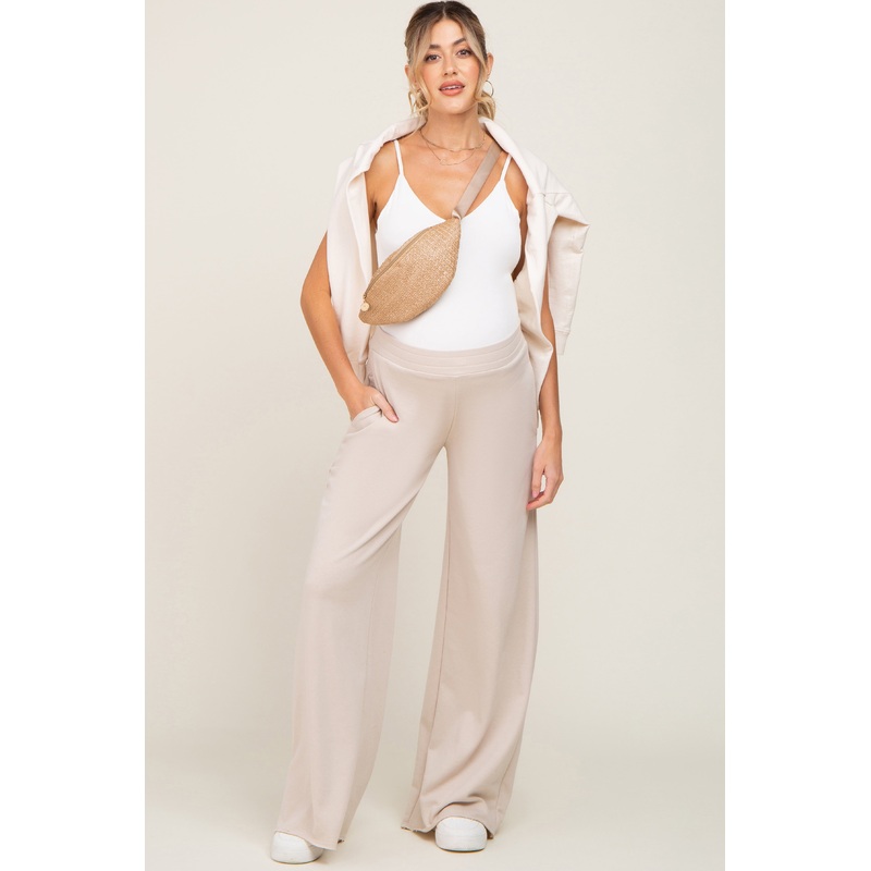 Beige Wide Leg Fray Hem Maternity Sweatpants