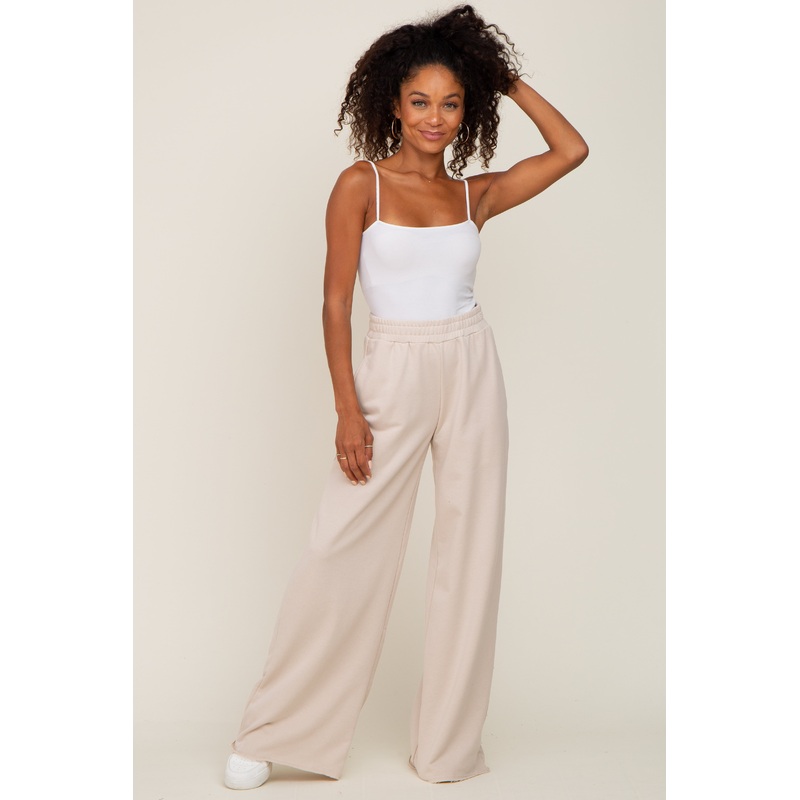 Beige Wide Leg Fray Hem Sweatpants