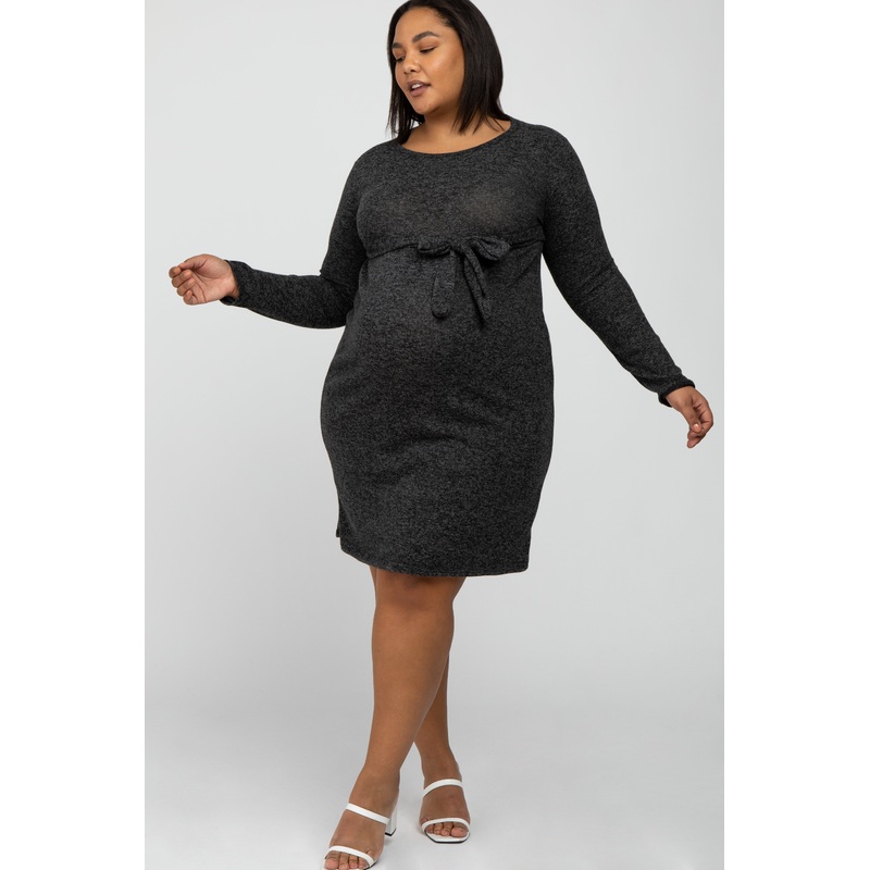 Black Brushed Heathered Long Sleeve Maternity Plus Dress
