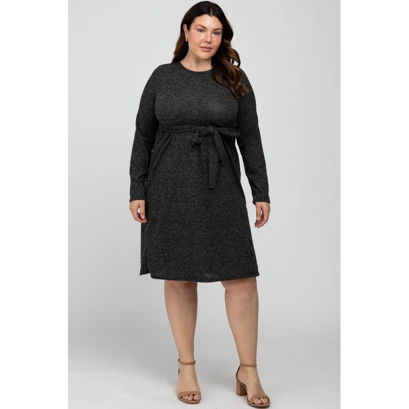Black Brushed Heathered Long Sleeve Plus Dress