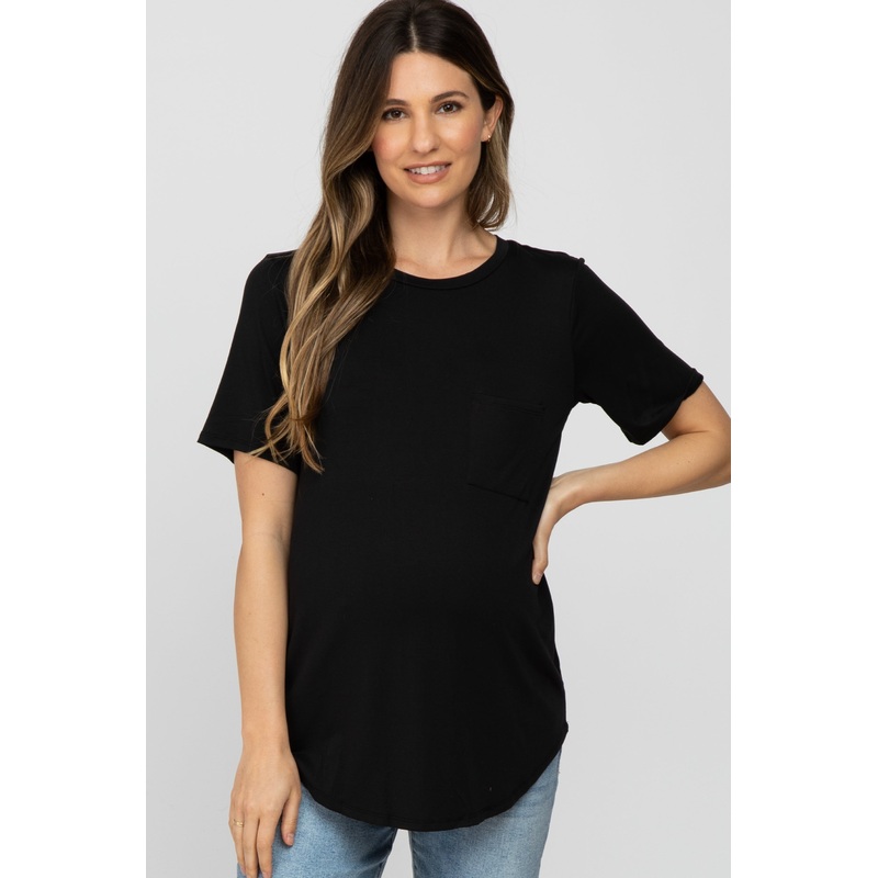 Black Crew Neck Front Pocket Short Sleeve Maternity Top