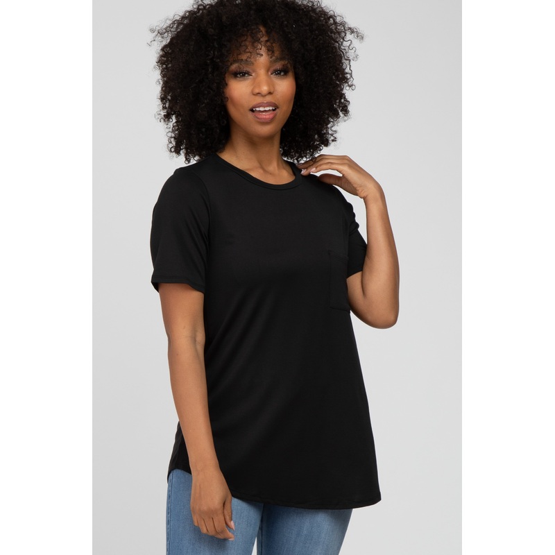 Black Crew Neck Front Pocket Short Sleeve Top