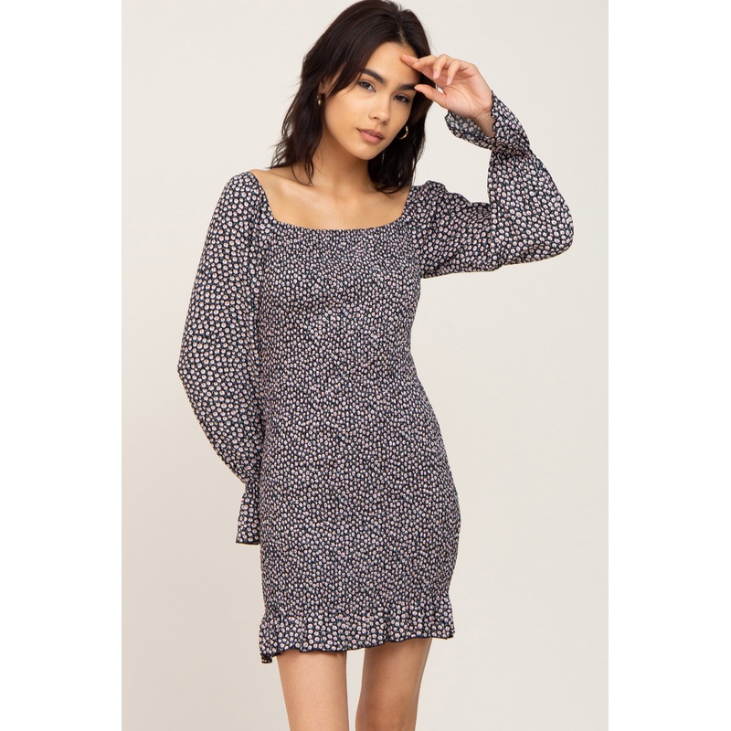 Black Ditsy Floral Smocked Long Sleeve Mini Dress