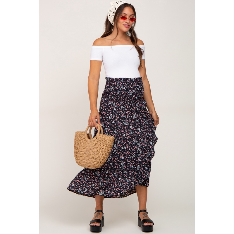 Black Floral Smocked Waist Ruffle Front Maternity Skirt