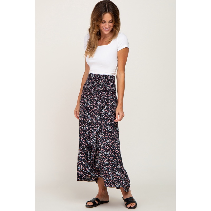 Black Floral Smocked Waist Ruffle Front Skirt