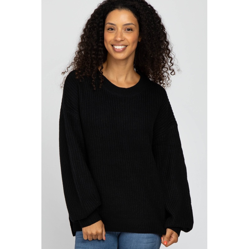 Black Knit Balloon Sleeve Sweater