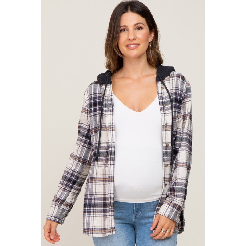 Black Plaid Hooded Maternity Shirt Jacket