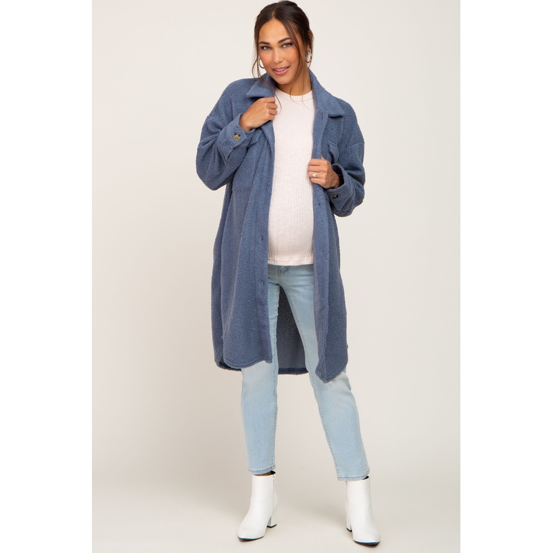Blue Fleece Maternity Long Shirt Jacket