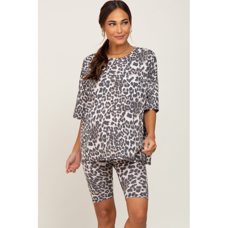 Brown Animal Print Biker Short Maternity Lounge Set