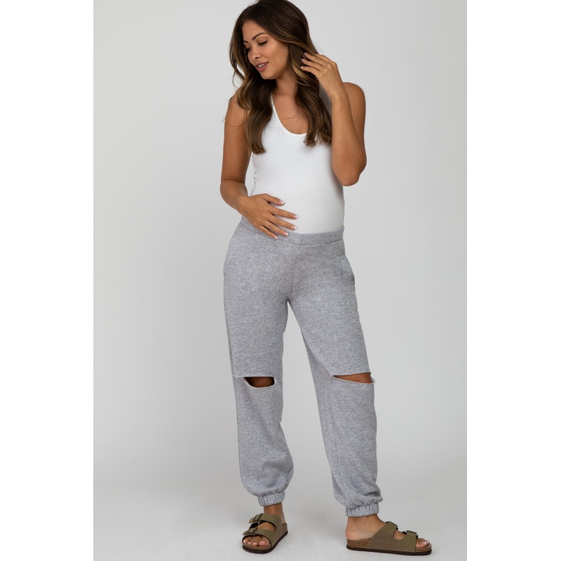 Heather Grey Ripped Knee Maternity Sweatpants