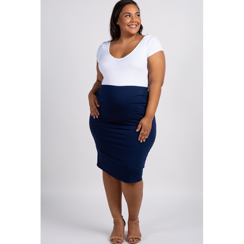 Navy Blue Fitted Plus Maternity Pencil Skirt