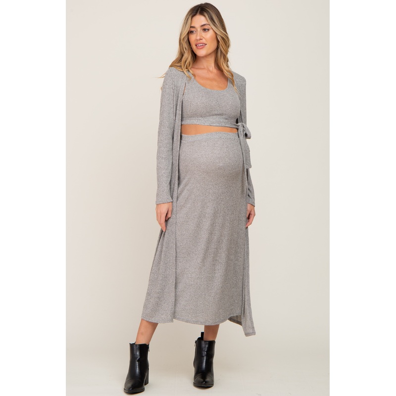 Olive Heather 3-Piece Skirt and Cardigan Maternity Set