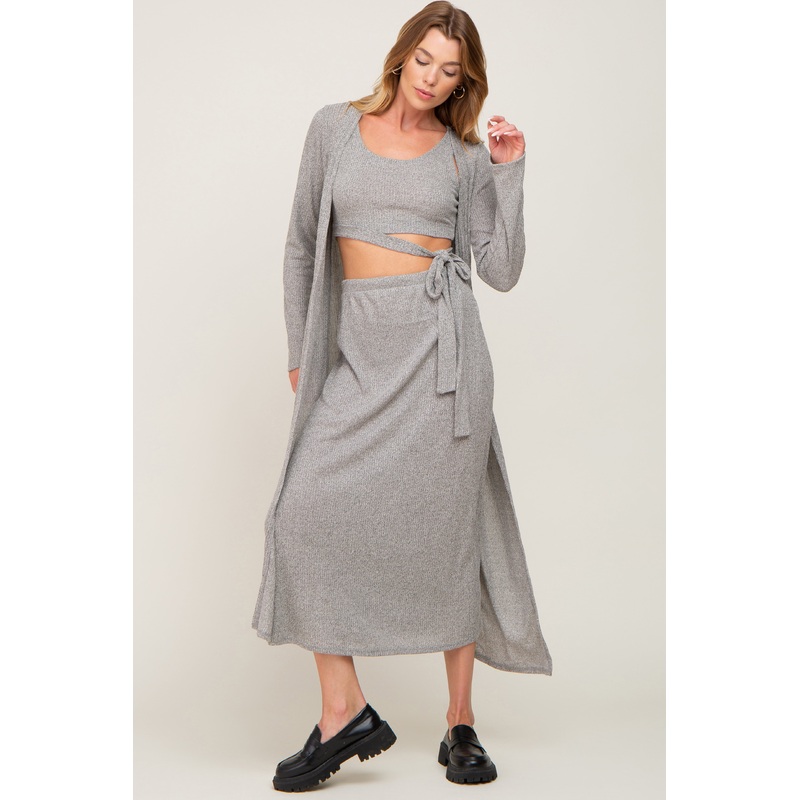 Olive Heather 3-Piece Skirt and Cardigan Set