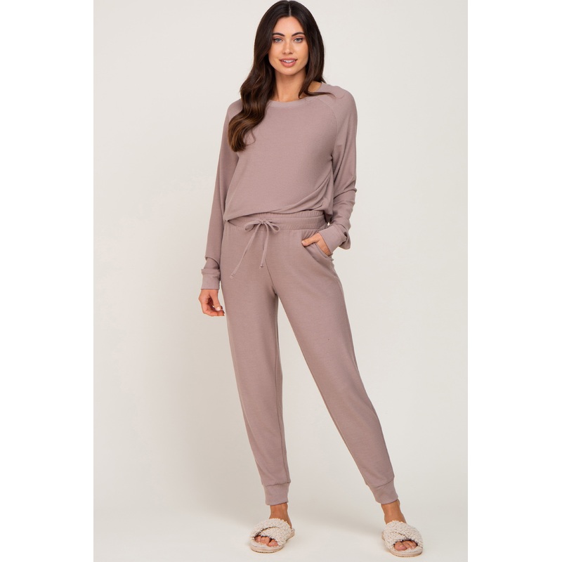 Taupe Soft Knit Long Sleeve Maternity Set