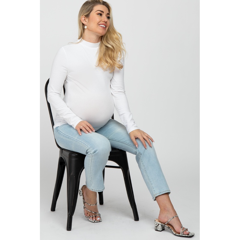 White Fitted Mock Neck Long Sleeve Maternity Top