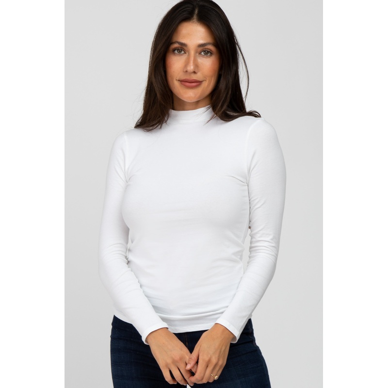 White Fitted Mock Neck Long Sleeve Top
