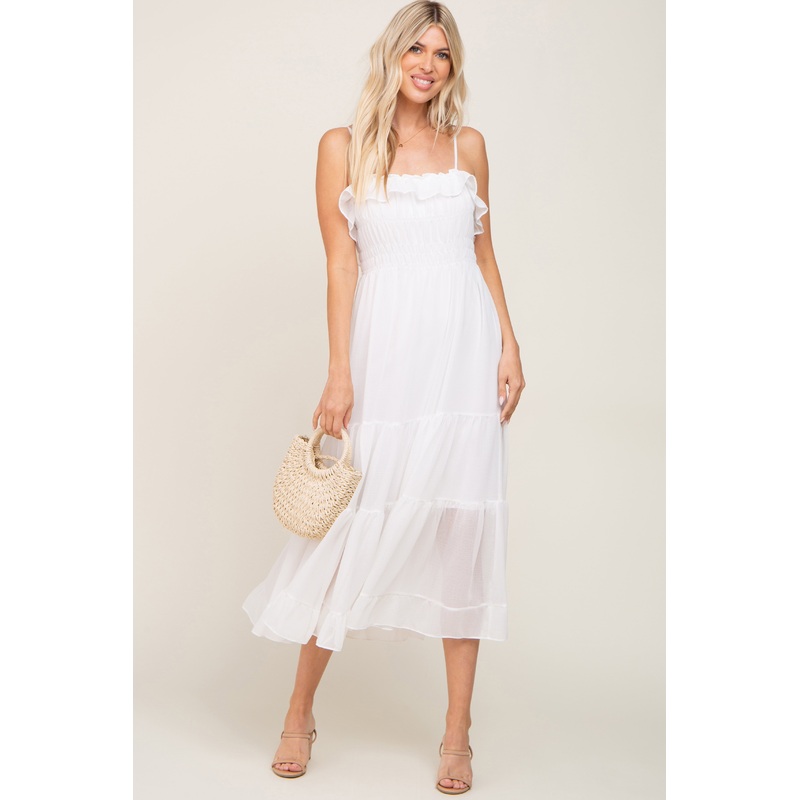 White Shirred Ruffle Midi Dress