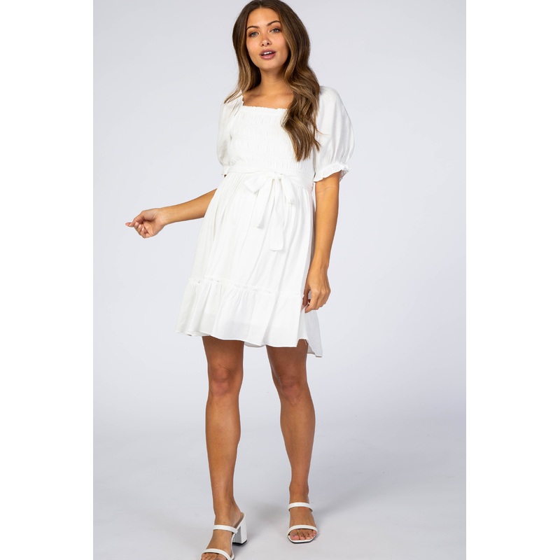 White Smocked Maternity Dress