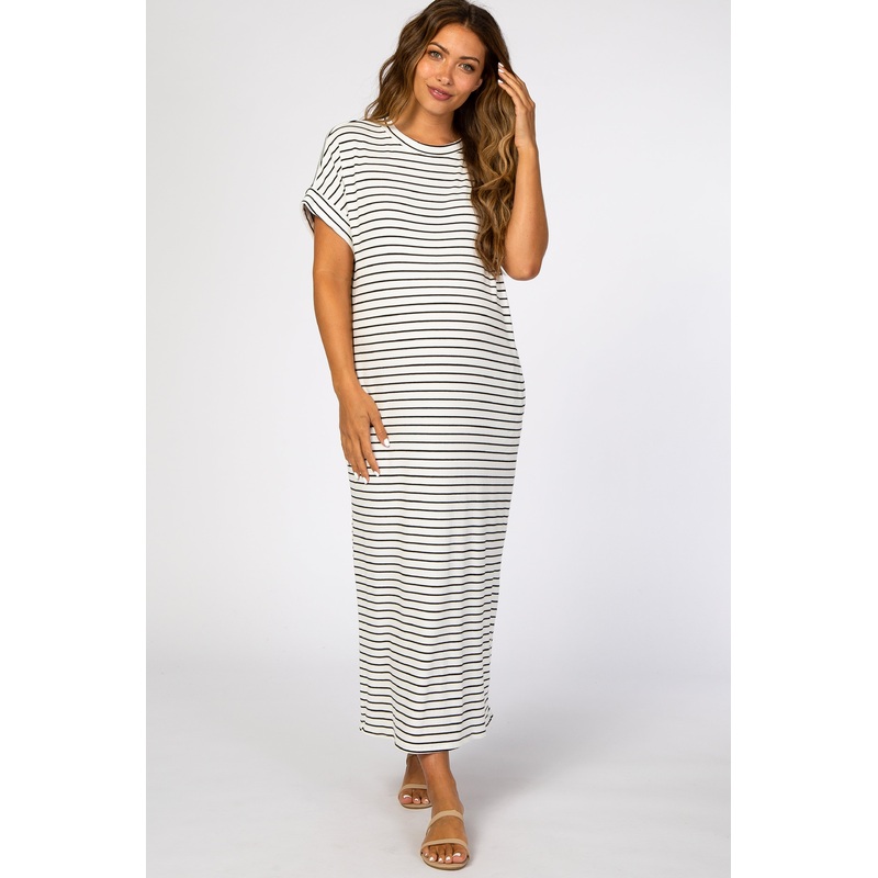 White Striped Rib Mock Neck Maternity Midi Dress