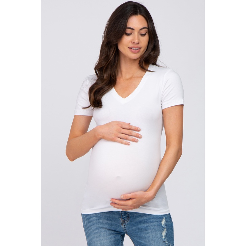 White V-Neck Short Sleeve Maternity Top