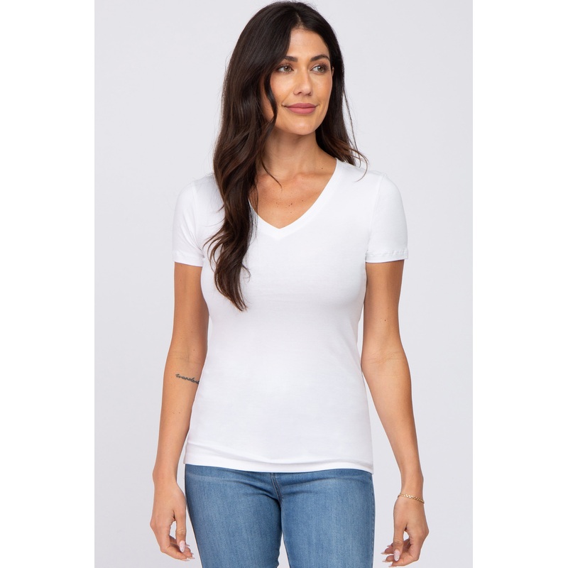 White V-Neck Short Sleeve Top