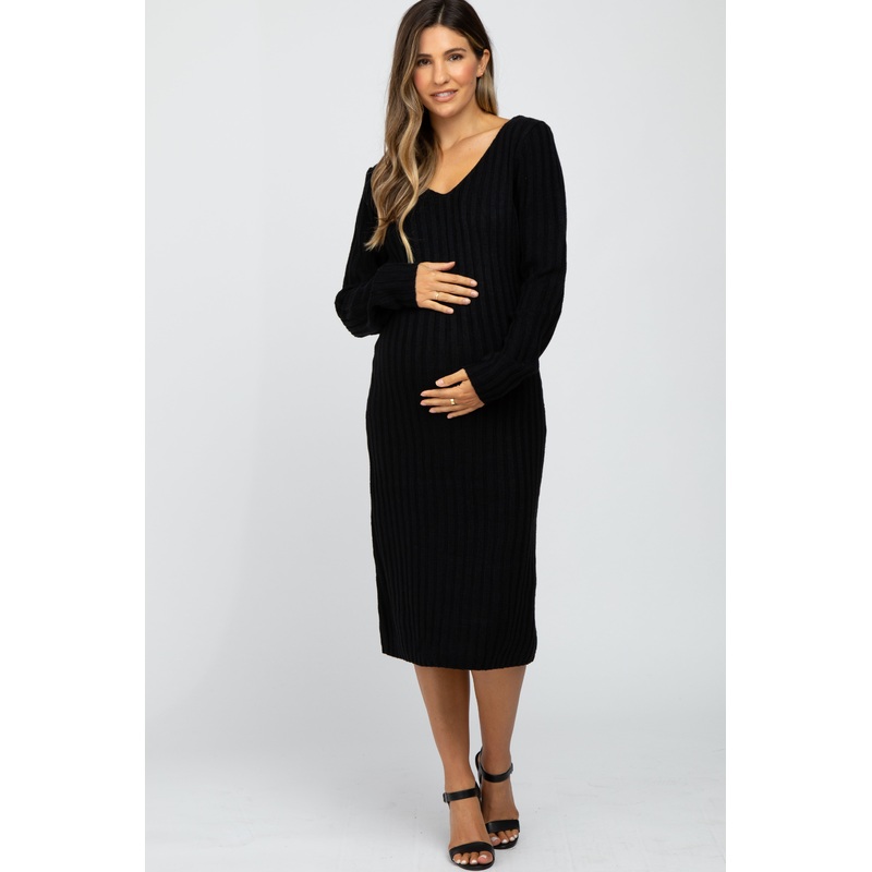 Black Back Tie Maternity Midi Sweater Dress