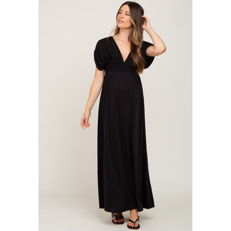 Black Deep V-Neck Maternity Maxi Dress