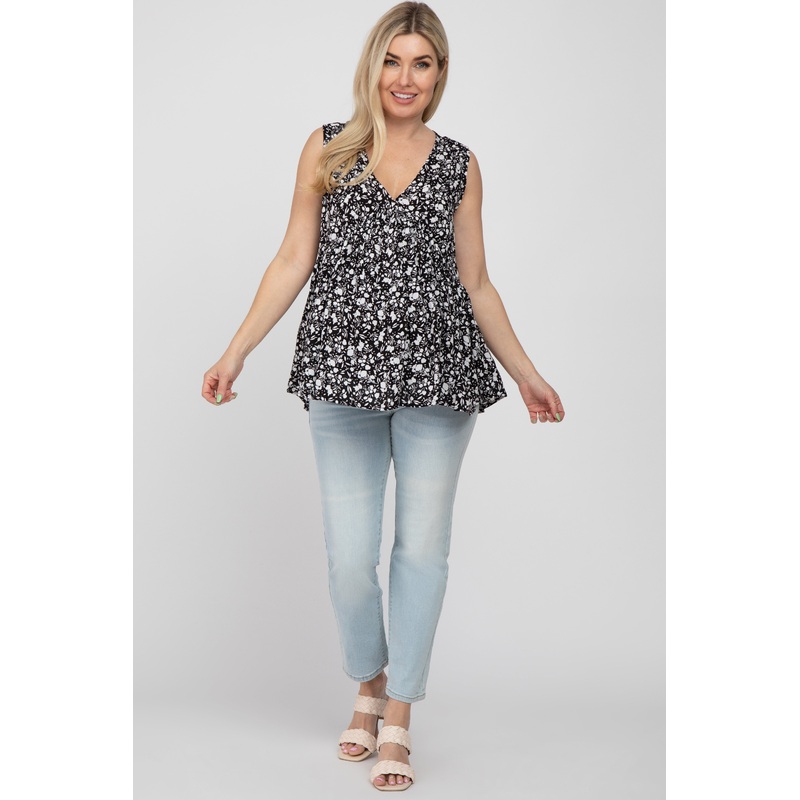 Black Floral Sleeveless Peplum Maternity Top