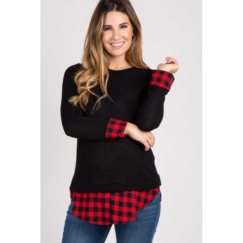 Black Plaid Shirttail Maternity Sweater